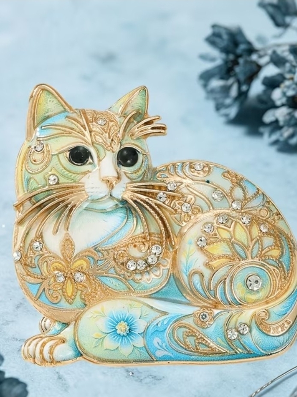 Decorative Cat Trinket Box - Blue and Gold Enamel Jewelry Case